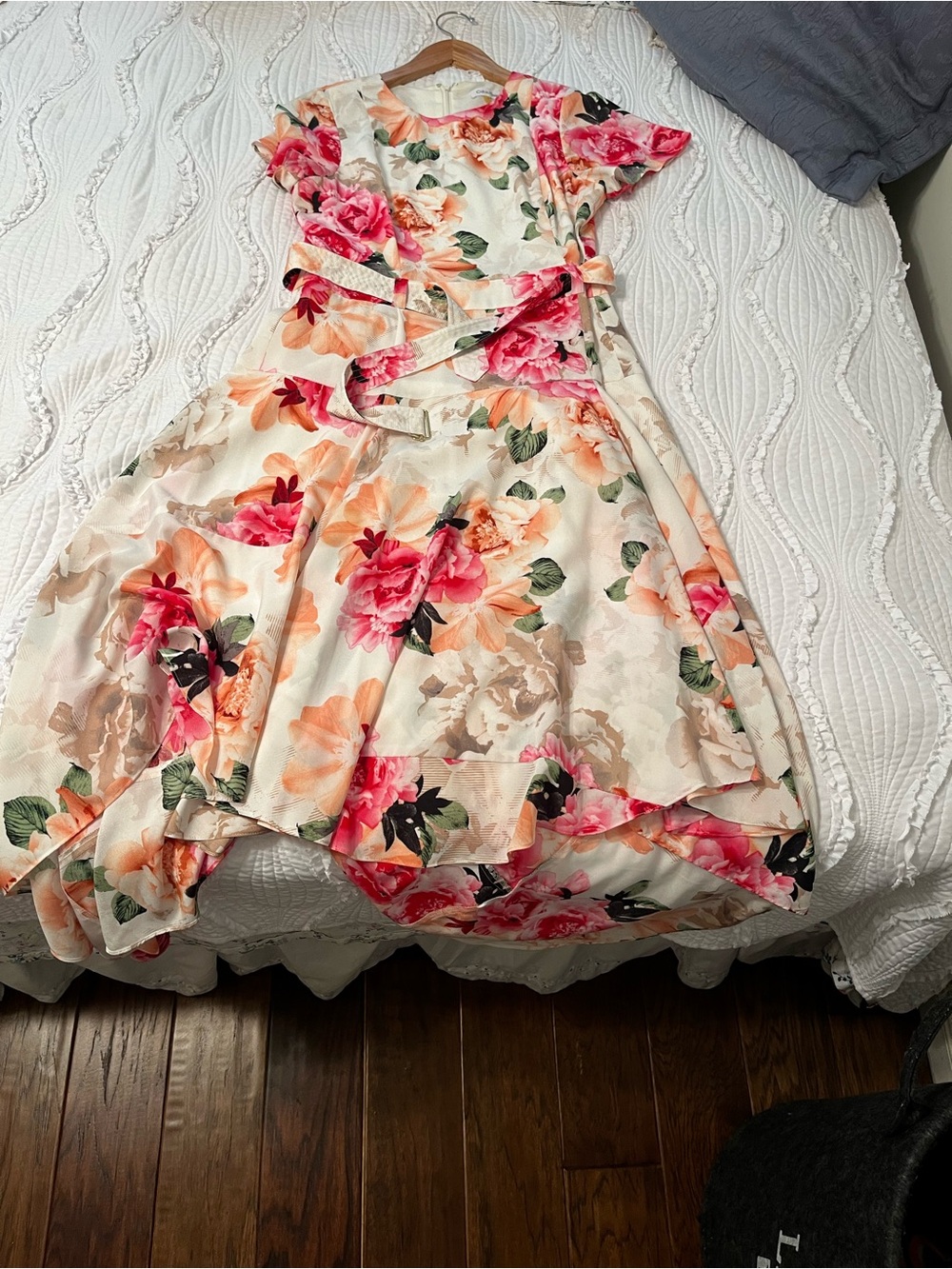 Calvin Klein Floral Dress in Cream with Pink & Peach Accents